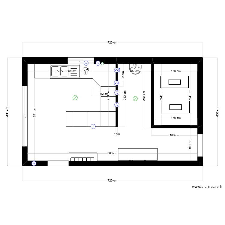 Cuisine cave 2. Plan de 2 pièces et 26 m2