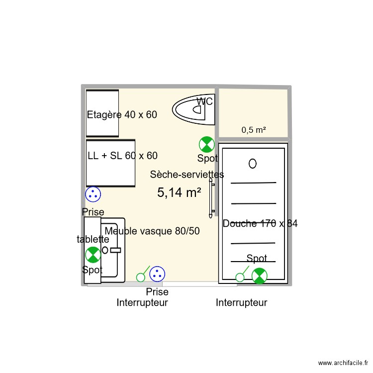 SDB-WC. Plan de 2 pièces et 6 m2