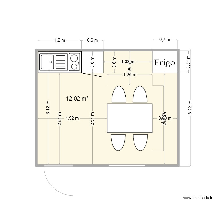 cuisine. Plan de 1 pièce et 12 m2