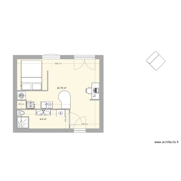 Saint Pierre 4. Plan de 2 pièces et 25 m2