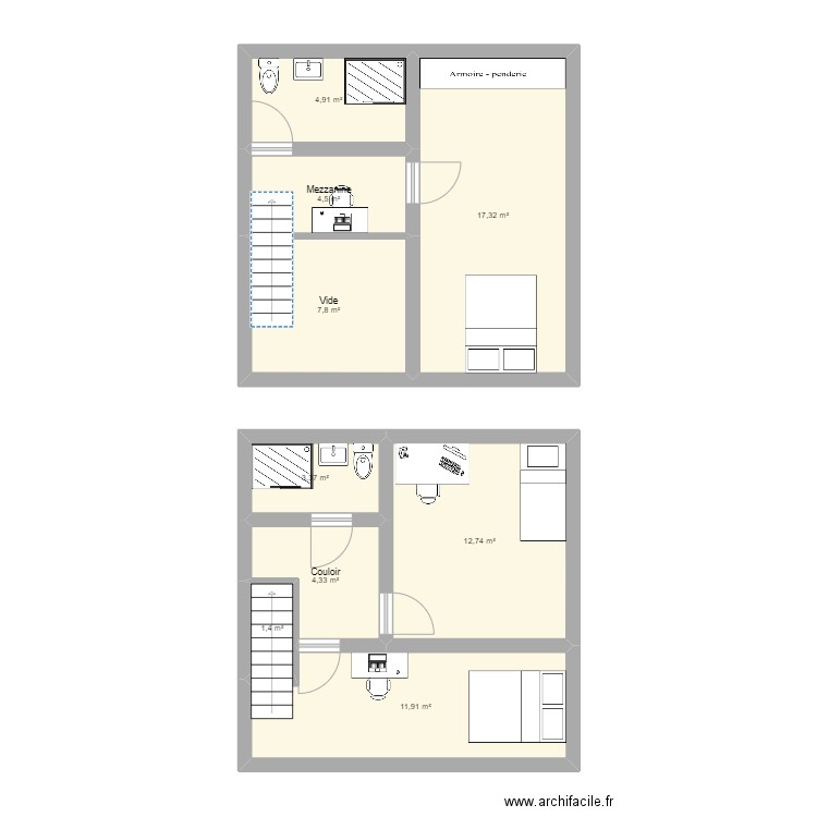 dépendance étage Chavagnes. Plan de 9 pièces et 68 m2