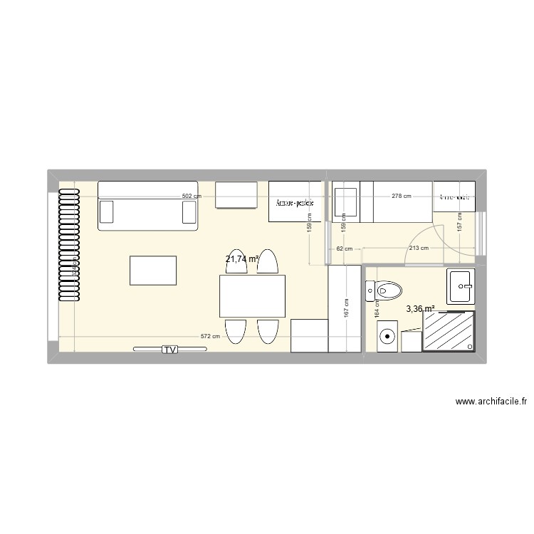 PRARIOND 14b. Plan de 2 pièces et 25 m2