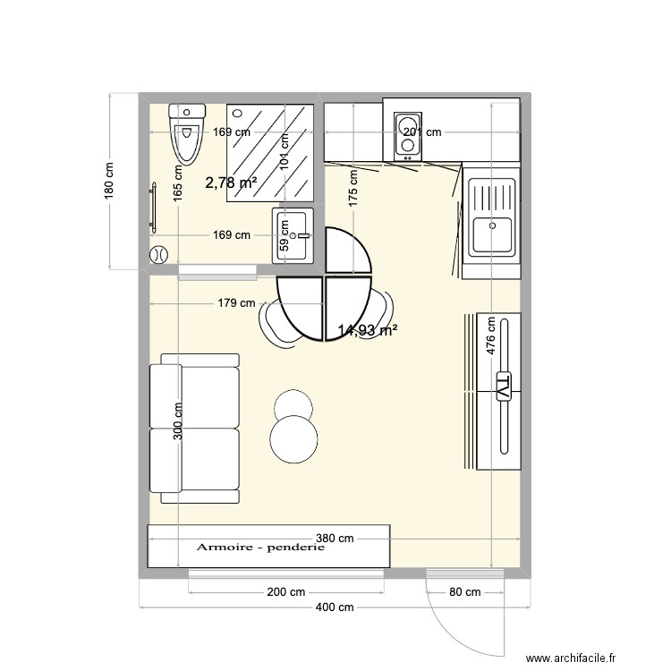 studio. Plan de 2 pièces et 18 m2