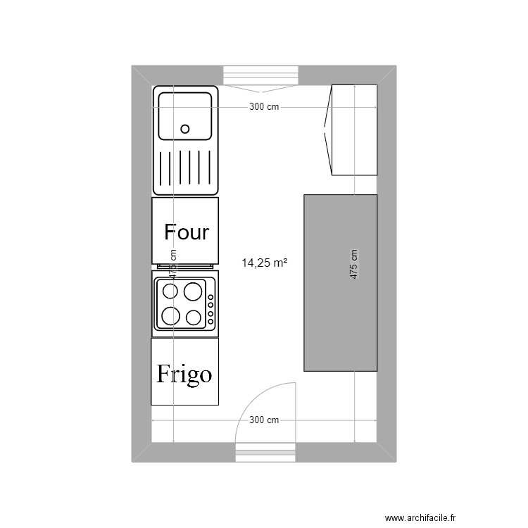 cuisine. Plan de 1 pièce et 14 m2