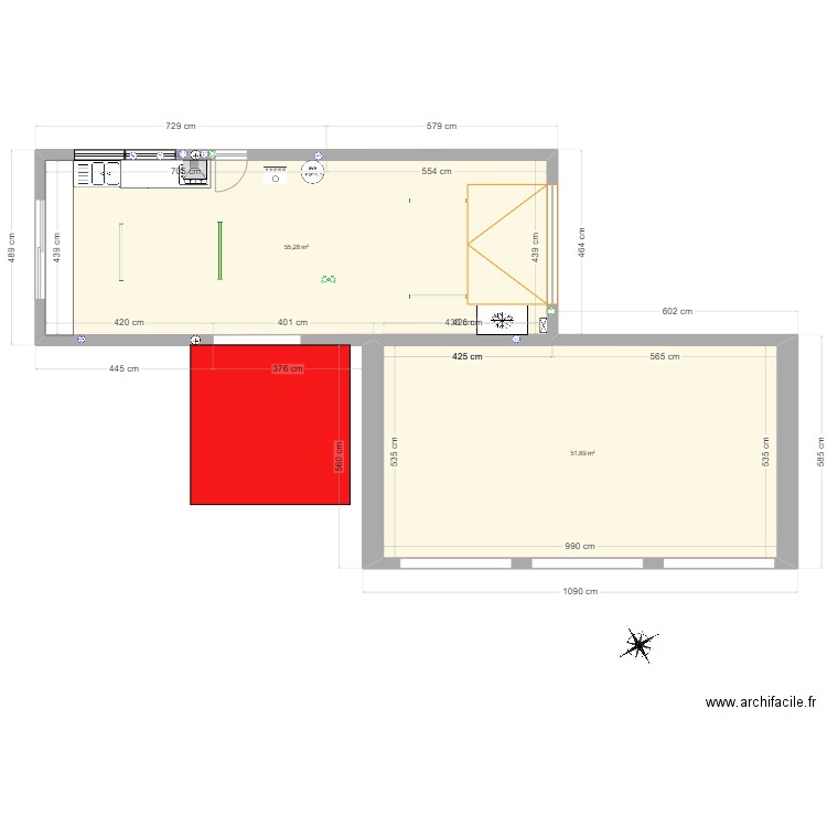 Fournil. Plan de 2 pièces et 107 m2