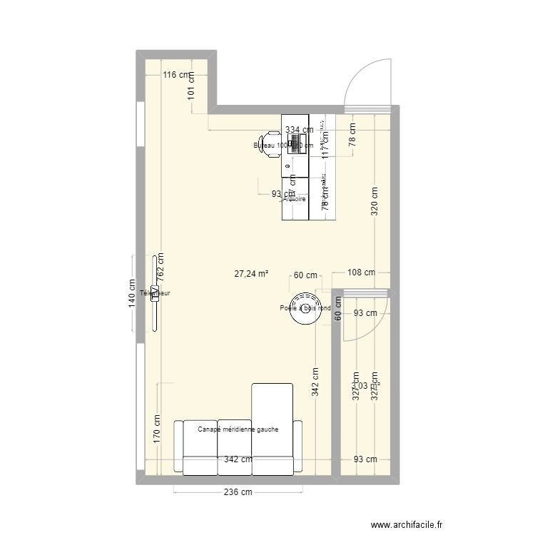 Salon modifié . Plan de 2 pièces et 30 m2