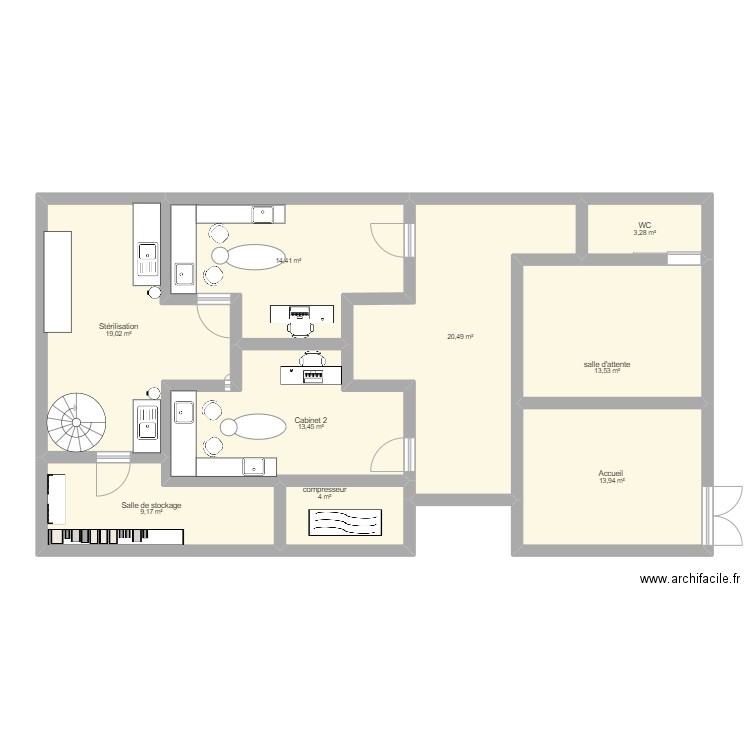 cabinet dentaire . Plan de 9 pièces et 111 m2