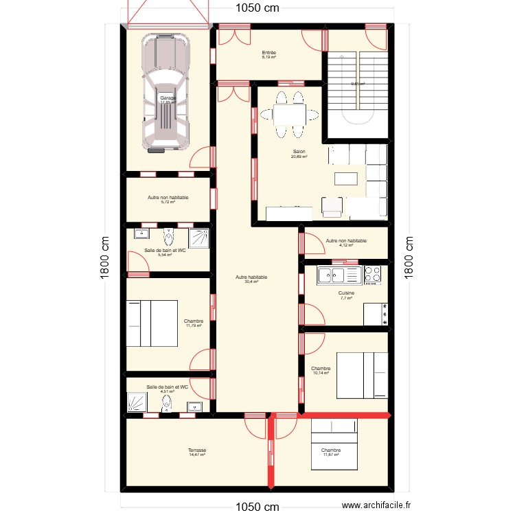 MOMAR R+1. Plan de 14 pièces et 163 m2