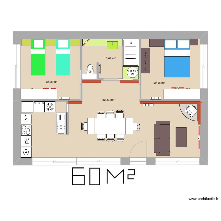 new 60m2. Plan de 4 pièces et 60 m2