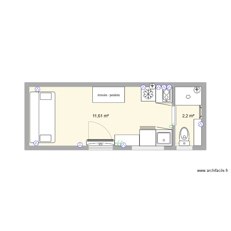 studio. Plan de 2 pièces et 14 m2