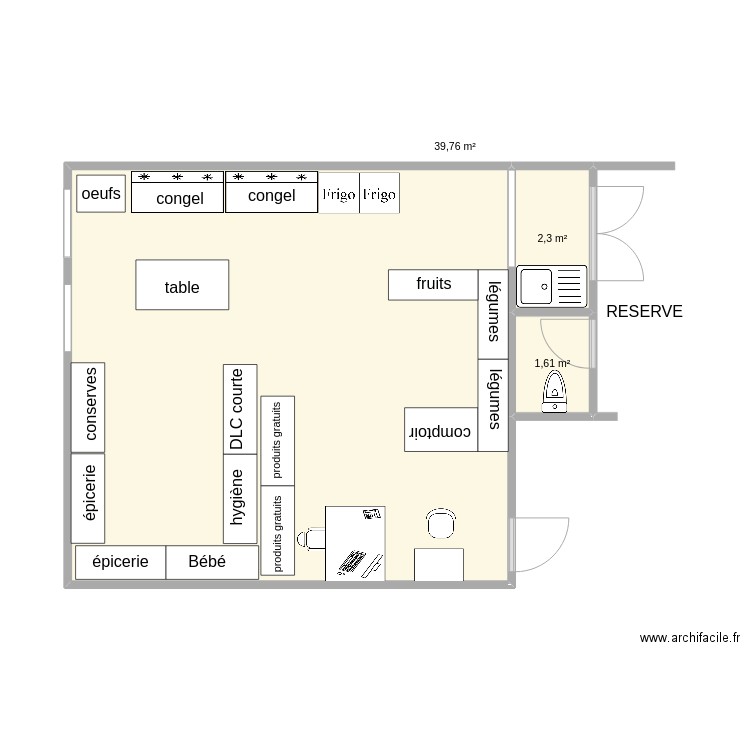 Bibliothèque sans mézzanine. Plan de 3 pièces et 44 m2