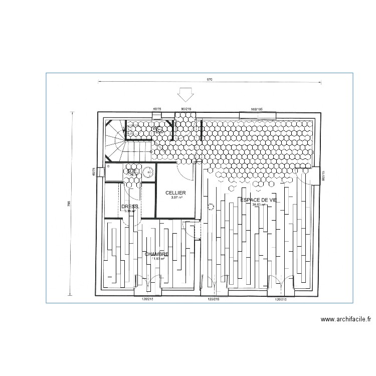 Calepinage RDC carrelage double sans le cellier. Plan de 0 pièce et 0 m2