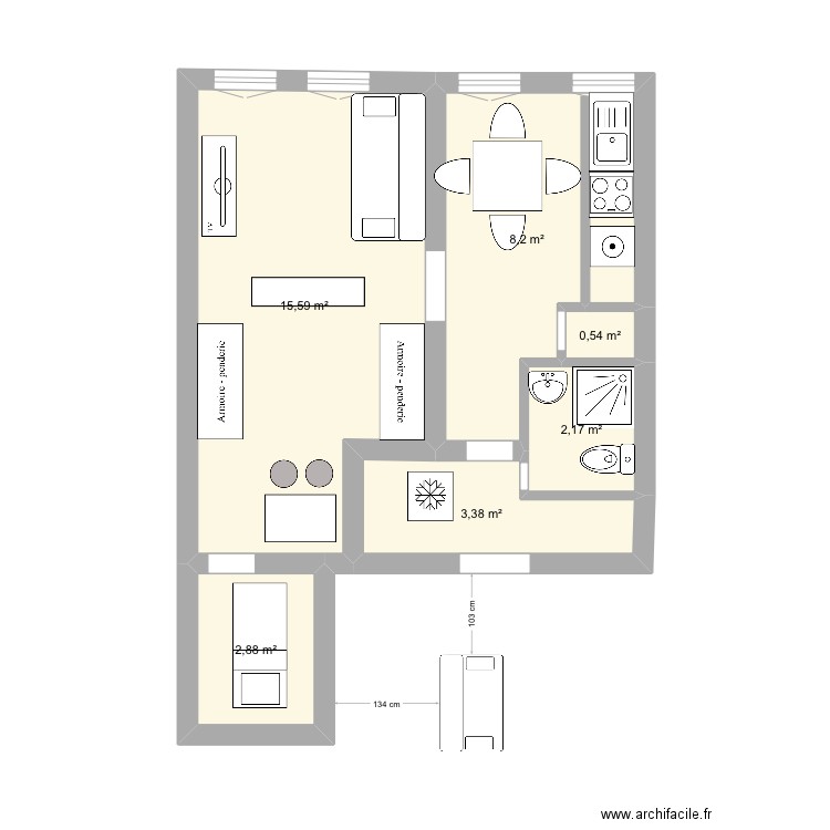 .T2 idées tests. Plan de 6 pièces et 33 m2