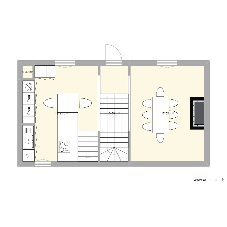 Cuisine kaki. Plan de 4 pièces et 42 m2