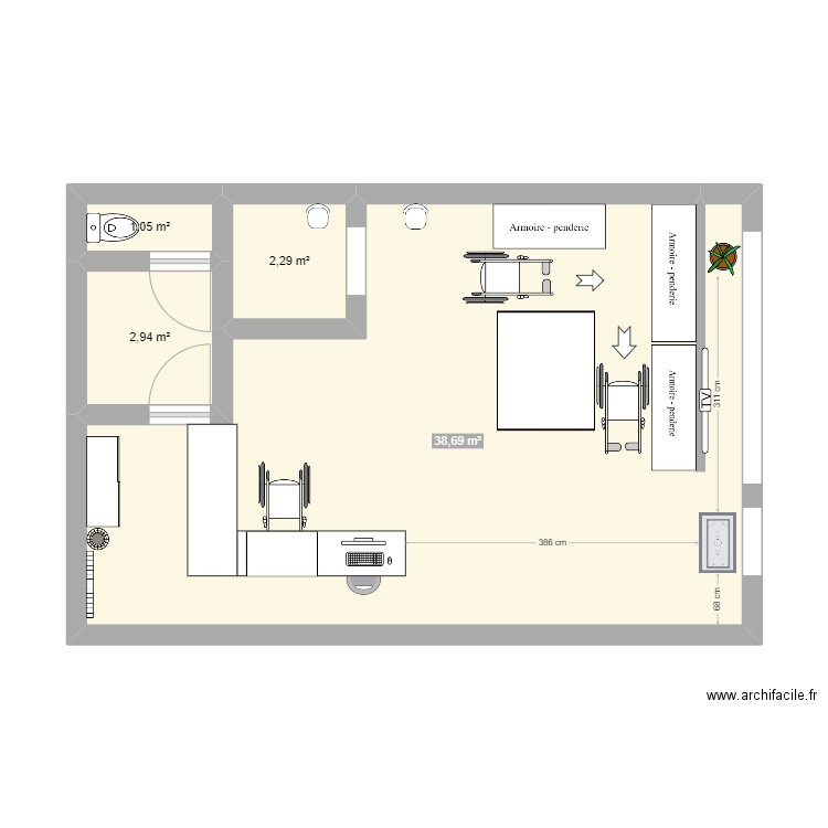 Alhambra couture. Plan de 4 pièces et 45 m2