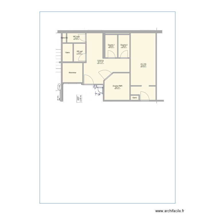 Sanitaires 5° - Cotations. Plan de 12 pièces et 39 m2