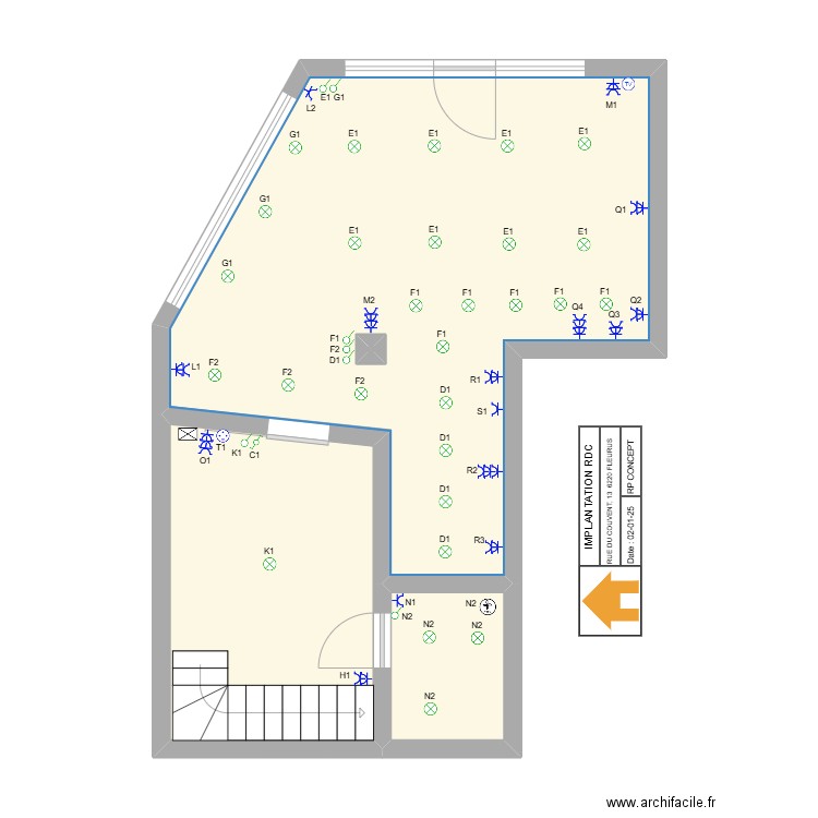 Implantation Fleurus RDC. Plan de 4 pièces et 49 m2