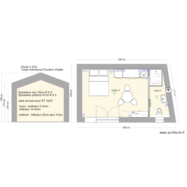 carcan . Plan de 3 pièces et 29 m2