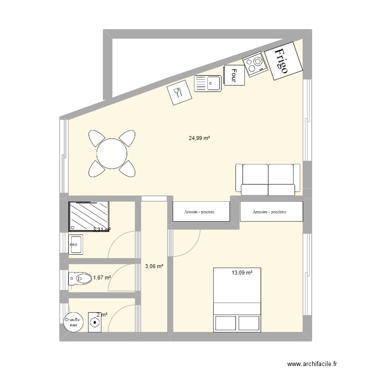 type 2. Plan de 6 pièces et 48 m2