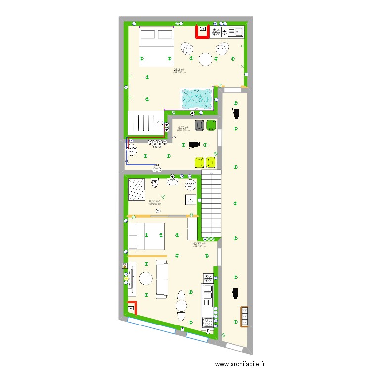 RDC RT 2020 Plomberie. Plan de 7 pièces et 92 m2