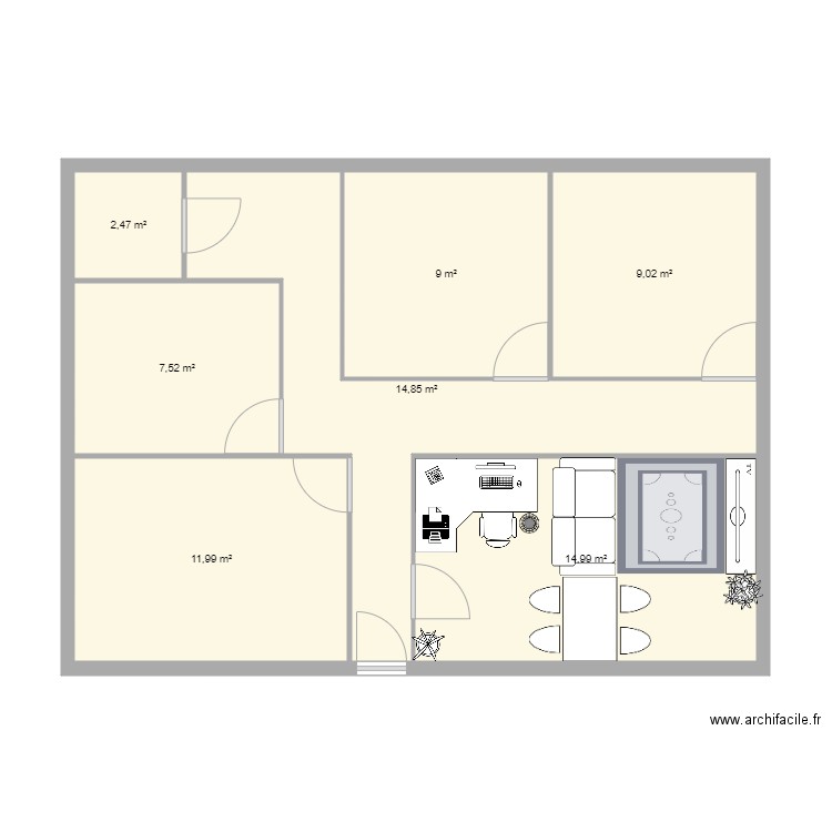 Appartement Soho. Plan de 7 pièces et 70 m2