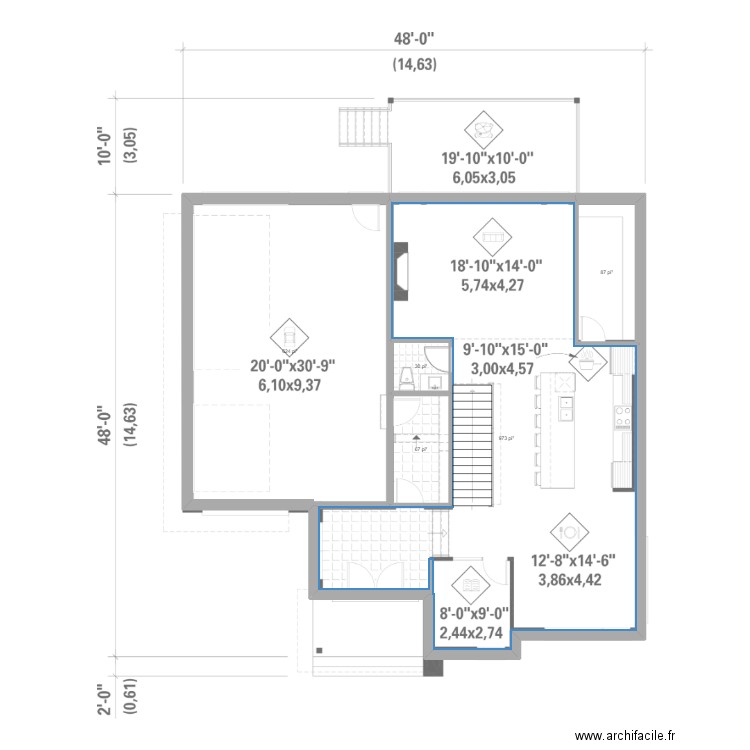 22993 RDC. Plan de 5 pièces et 165 m2