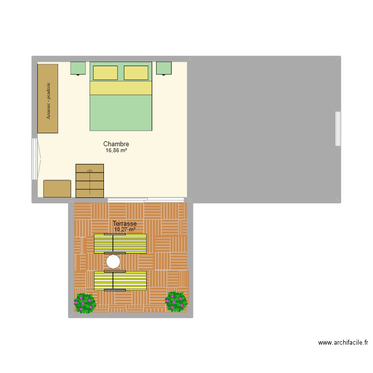 Plan grange 1er avec meubles. Plan de 3 pièces et 43 m2