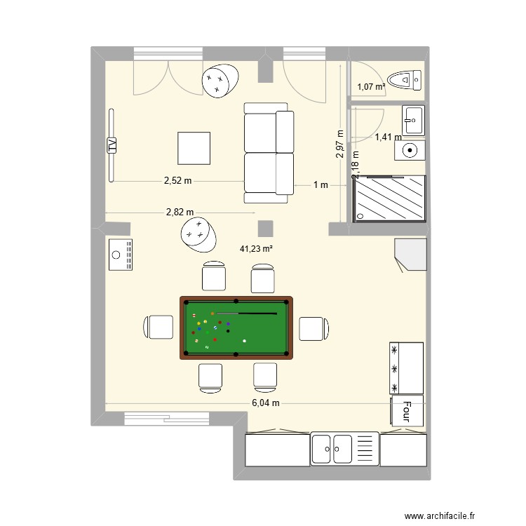 Garluche cuisine chambre v4. Plan de 2 pièces et 42 m2