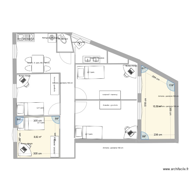 4 chambre p1. Plan de 2 pièces et 19 m2