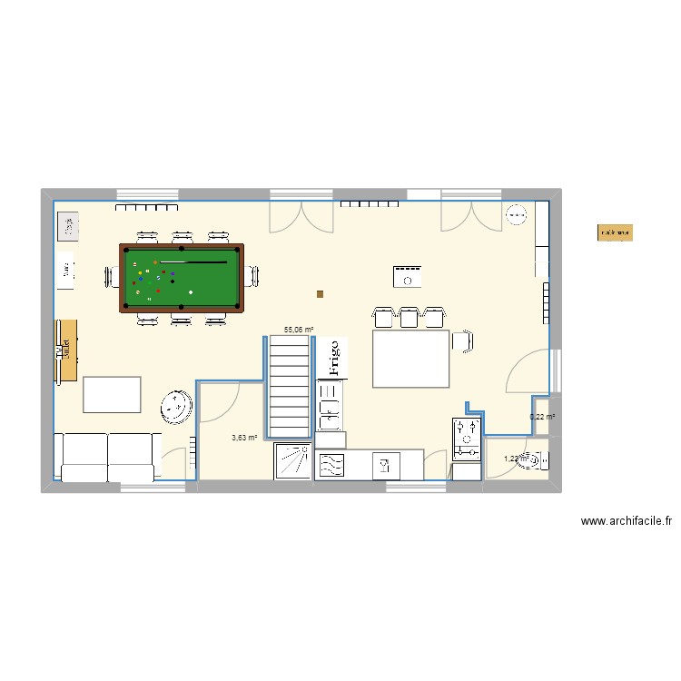 cuisine modifiée. Plan de 4 pièces et 60 m2