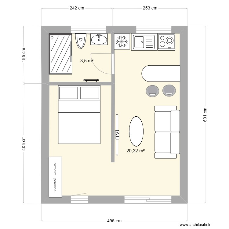 studio 25m2 anna. Plan de 2 pièces et 24 m2