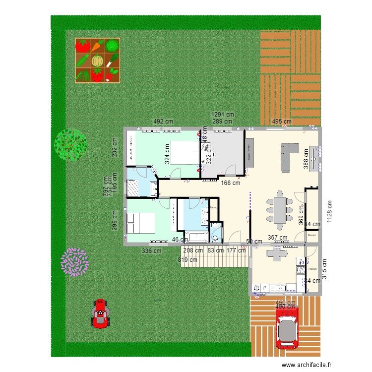 BENOIST ET CLAIRE - Plan général avec jardin. Plan de 8 pièces et 109 m2