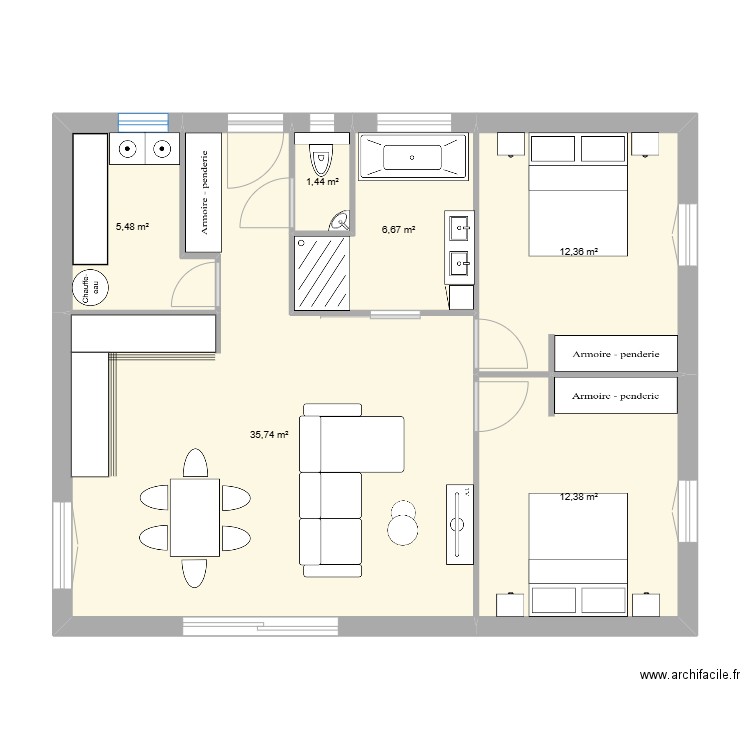 75m2. Plan de 6 pièces et 74 m2