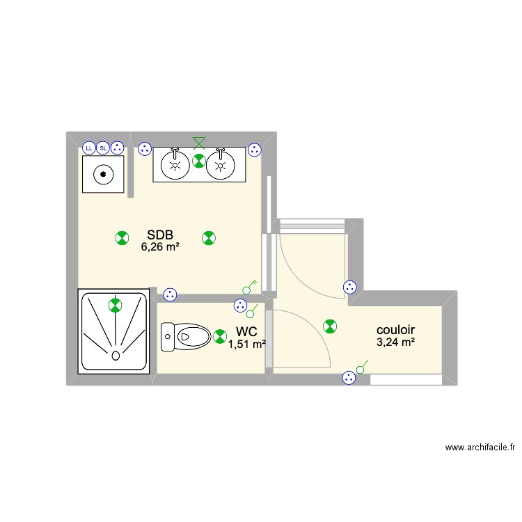 sdb V1meuble/elec. Plan de 3 pièces et 11 m2