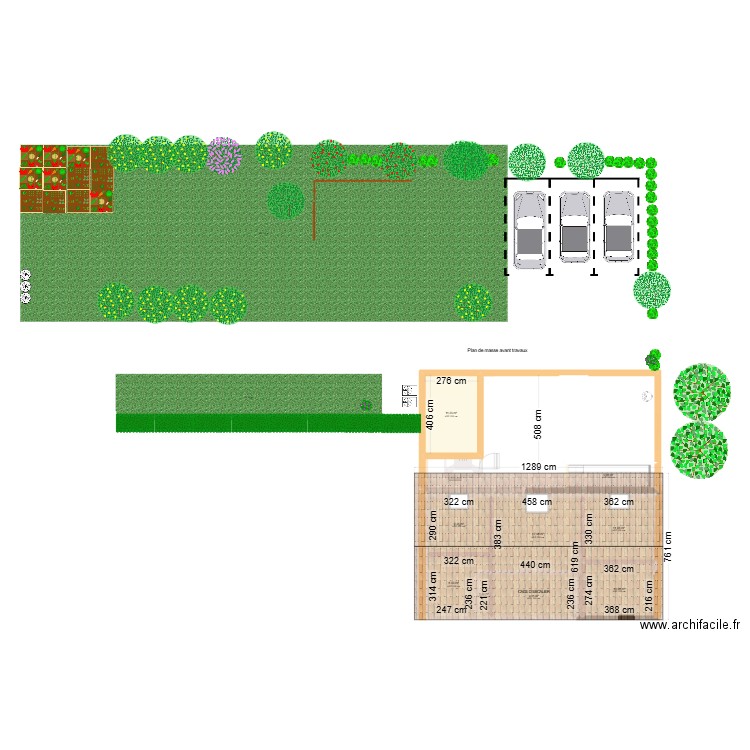 plan de masse 2D et facade 3D avant travaux. Plan de 9 pièces et 85 m2