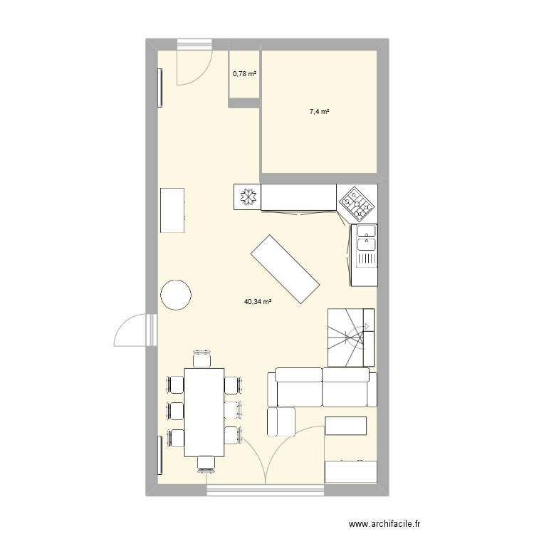 Séjour + Cuisine. Plan de 3 pièces et 49 m2