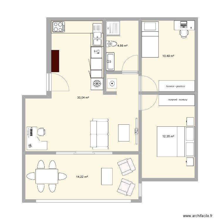 T3 Cayenne. Plan de 4 pièces et 63 m2