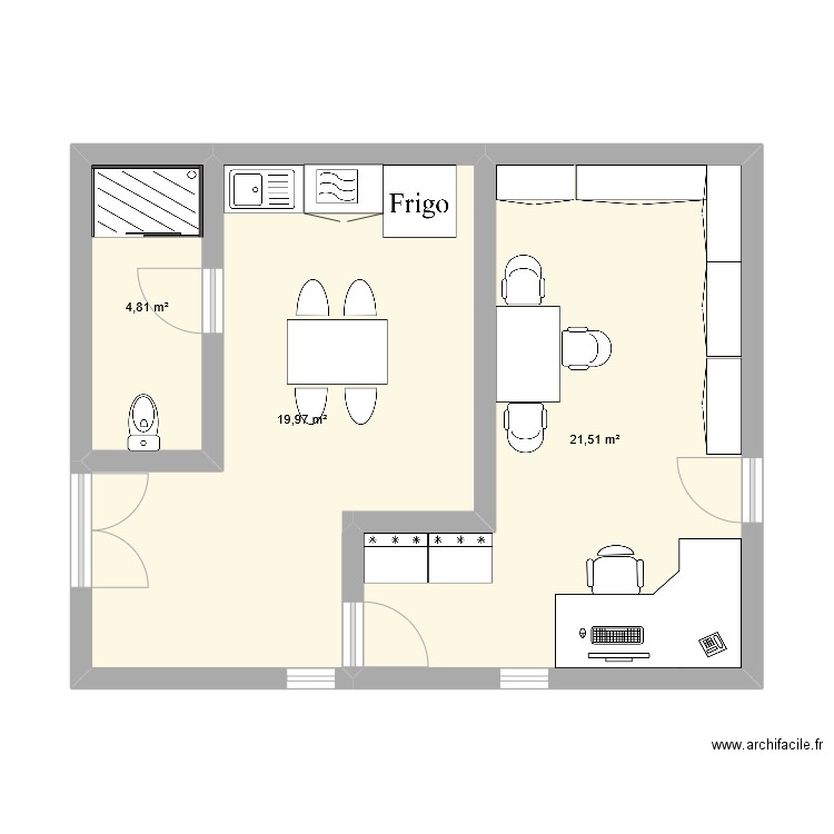 Projet bureau exploit. Plan de 3 pièces et 46 m2