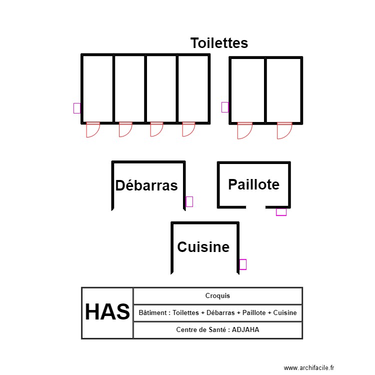 vue en plan toilettes CS ADJAHA. Plan de 9 pièces et 16 m2