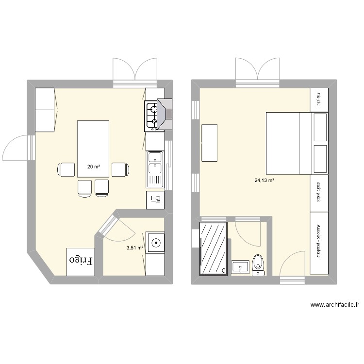 cuisine chambre. Plan de 3 pièces et 48 m2