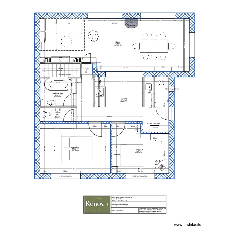 Plan agencement habitation Herouvillette v3. Plan de 7 pièces et 82 m2