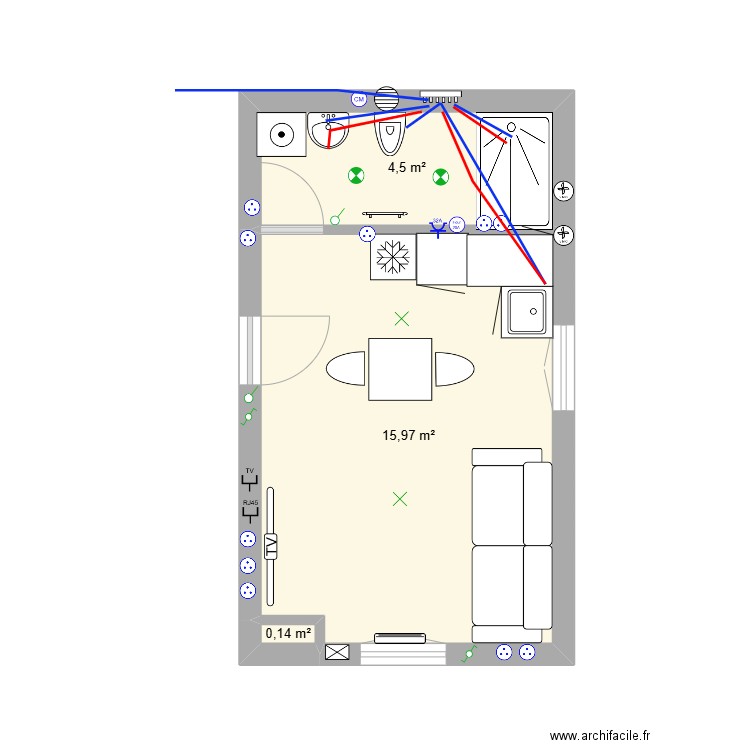 PLAN RDC. Plan de 3 pièces et 21 m2