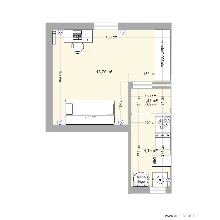 Chambre buanderie. Plan de 3 pièces et 19 m2