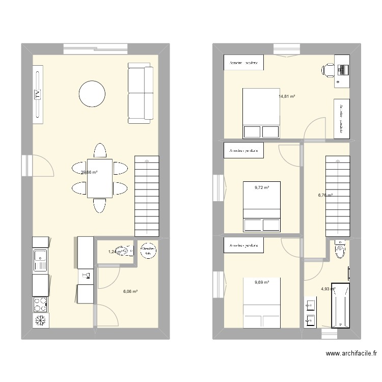 maisons mitoyennes. Plan de 8 pièces et 93 m2