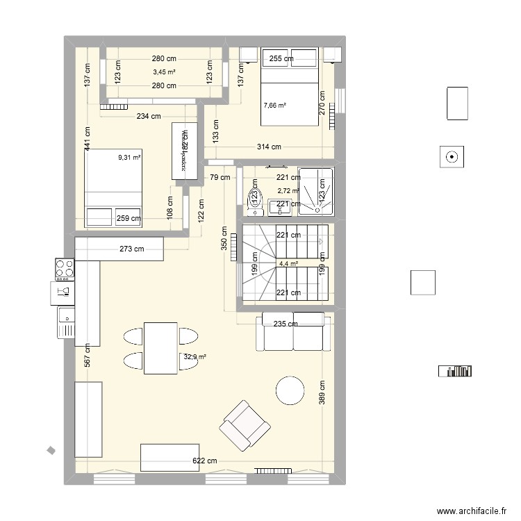 tondu. Plan de 6 pièces et 60 m2