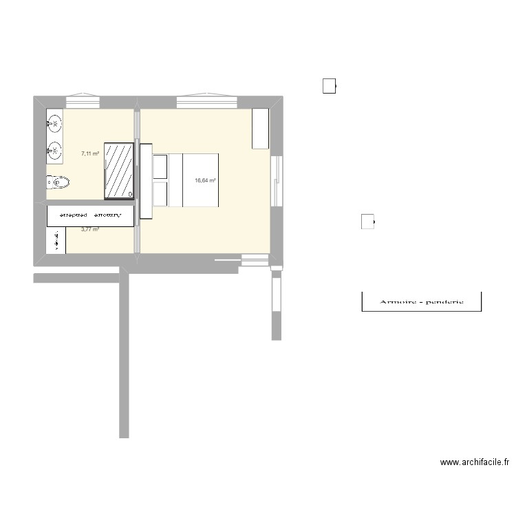 ext mitoyen. Plan de 3 pièces et 28 m2