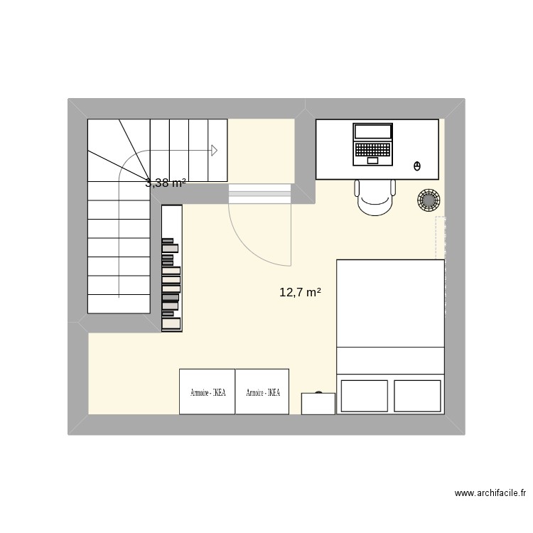 Chambre +/-. Plan de 2 pièces et 16 m2