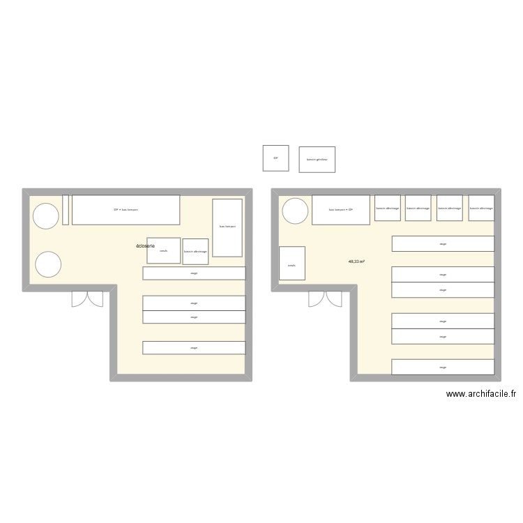 écloserie. Plan de 2 pièces et 95 m2