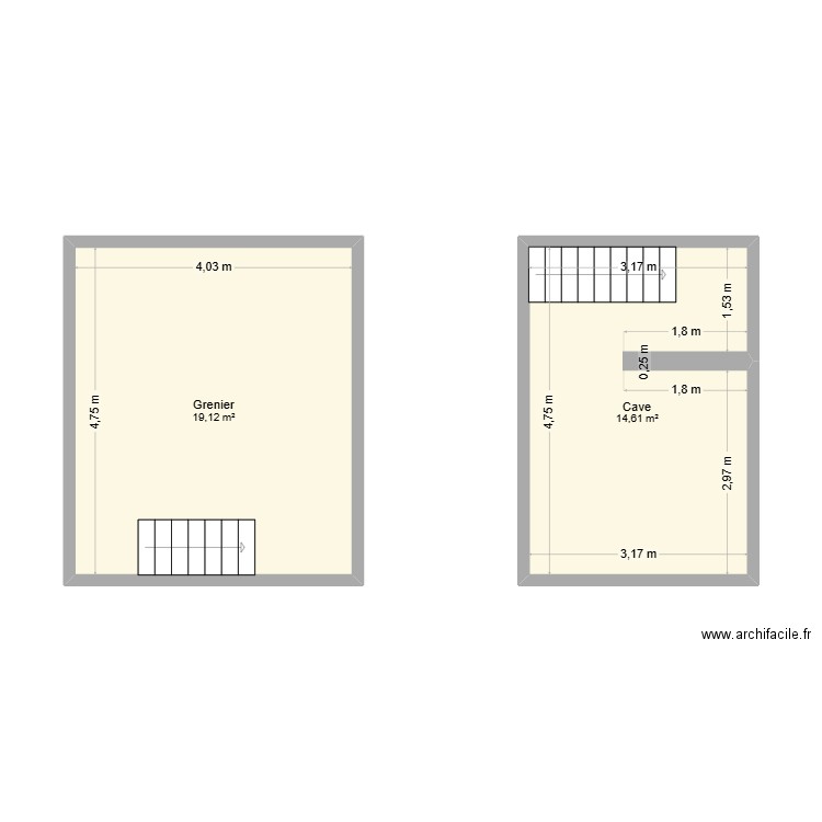 Cave + grenier Molinvaux. Plan de 2 pièces et 34 m2