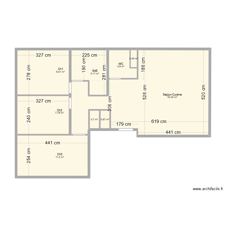 Will à MLF avec surfaces. Plan de 9 pièces et 71 m2